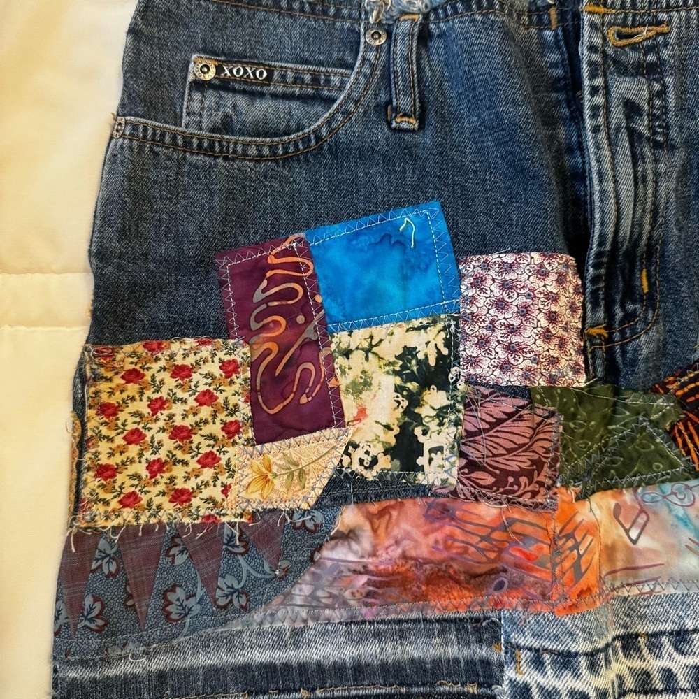 XOXO Boho Upcycled Denim Jean Patchwork Skirt with Vintage 80’s Material Sz 9/10 - Picture 6 of 14